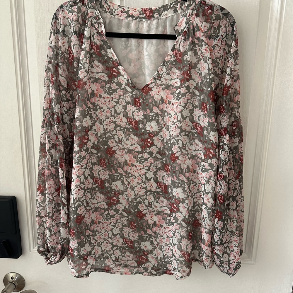 Floral V-Neck Blouse - Pink and Gray